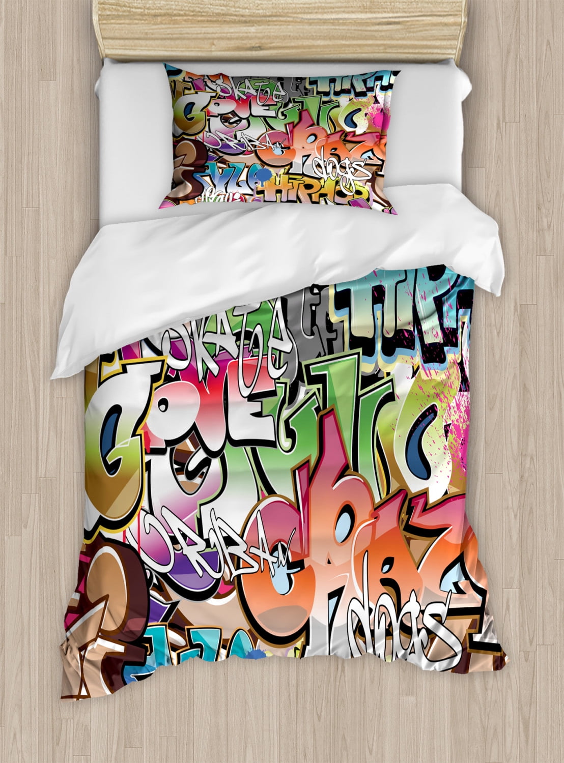 Urban Graffiti Multicolor Twin Microfiber Duvet Cover Set