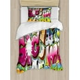 thumbnail image 1 of Urban Graffiti Twin Size Duvet Cover Set, Throwie Style Wall Graffiti of Bubble Letters Partially Overlapping Words, Decorative 2 Piece Bedding Set with 1 Pillow Sham, Multicolor, by Ambesonne, 1 of 3