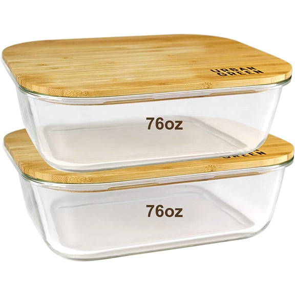 Urban Green Glass Containers with Bamboo Lids, Meal Prep Glass Food storage Container Set, 5 Pack, Pantry & Kitchen Organizer, Microwave, Oven, Freezer Safe