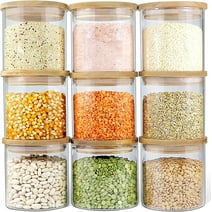 Urban Green Glass Jars with Airtight Lids, Airtight Glass Canisters with Wood Lids, Glass Food Storage Containers with Lids, Glass Food Jars for Spice and Herbs 9 Pack of 16oz