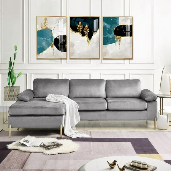 Urban Grey Velvet L-Shaped Sofa: Mid-Century Glam 3-Seater for Living Rooms, Plush Velvet Upholstery, Solid Wood Frame, Brass Gold Metal Legs, 51.6" x 101" x 33"