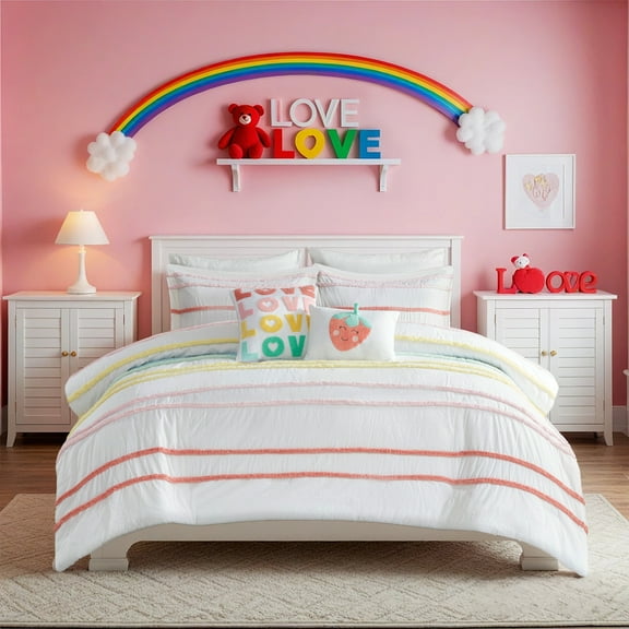 Urban Habitat Haisley Kids Comforter Sets, 5-Piece, Geometric Chenille Trim, Pink Striped