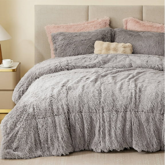 Home Essence Apartment Leena Shaggy Faux Fur Comforter Set, King/Cal King, Grey