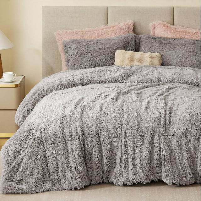 Home Essence Apartment Leena Shaggy Faux Fur Comforter Set, King/Cal King, Grey
