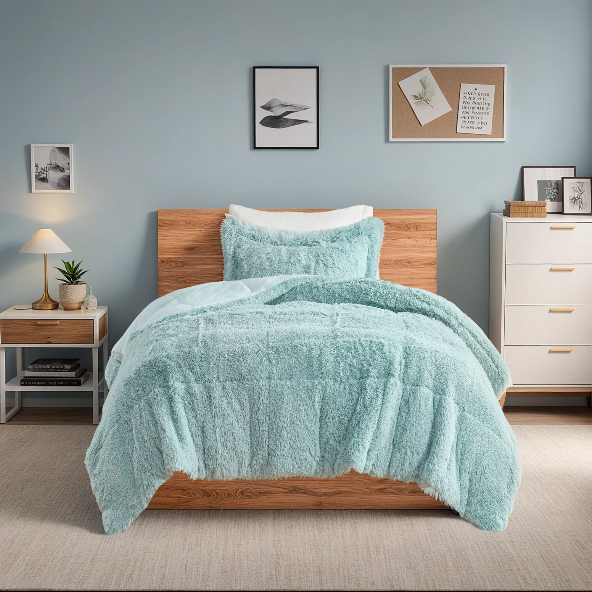 Aqua Twin Reversible Faux Fur Comforter Set