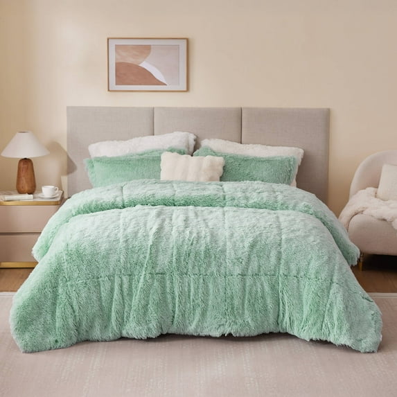 Intelligent Design Twin/Twin XL Shaggy Faux Comforter Set, Long Fur Wave Spring Comforter Bedding Set, 2-Piece Warm Bed Set with Pillow Sham, Aqua