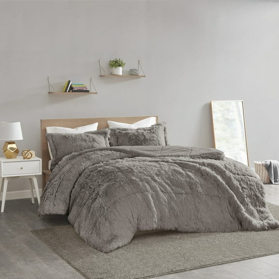 Home Essence Apartment Leena Shaggy Faux Fur Comforter Set, Twin/Twin XL, Grey
