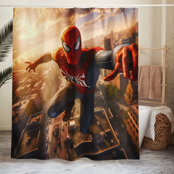 Urban Hero Shower Curtain – City Soaring Superhero Scene - Shower curtain