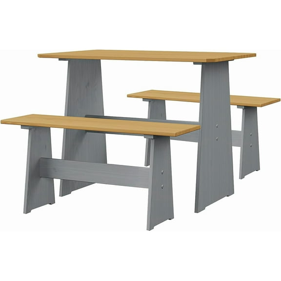 Urban Home Furniture Chapman 3 Piece Casual Dining 2-Tone Natural/Grey Solid Pine Wood Kitchen Table Set with 2 Benches, Kitchen Dining Set