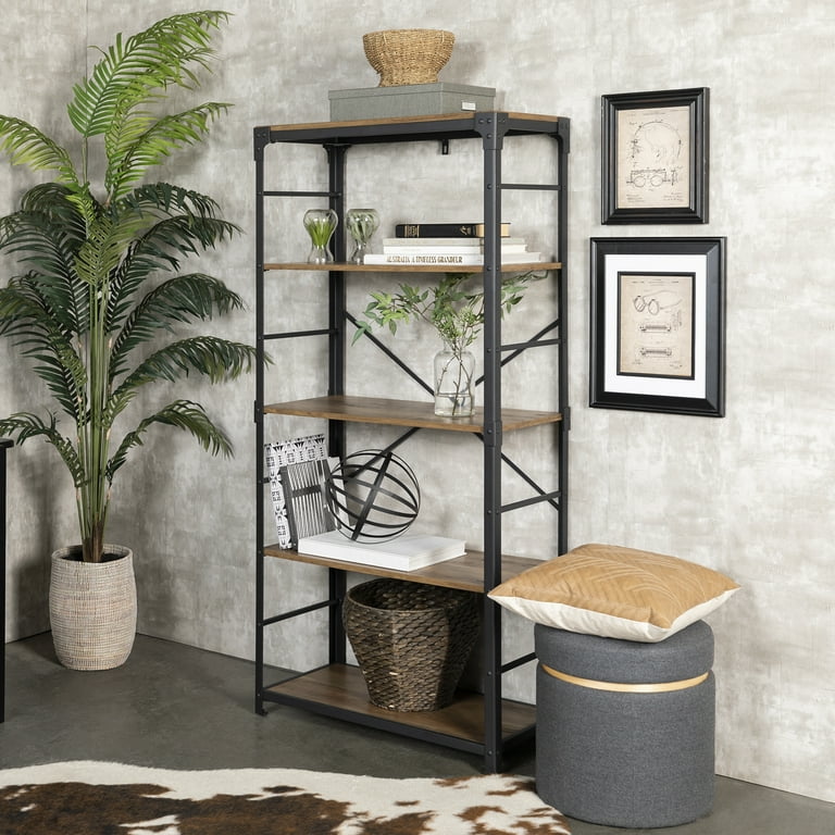 Urban Industrial Angle Iron 4-Shelf Bookcase, Barnwood