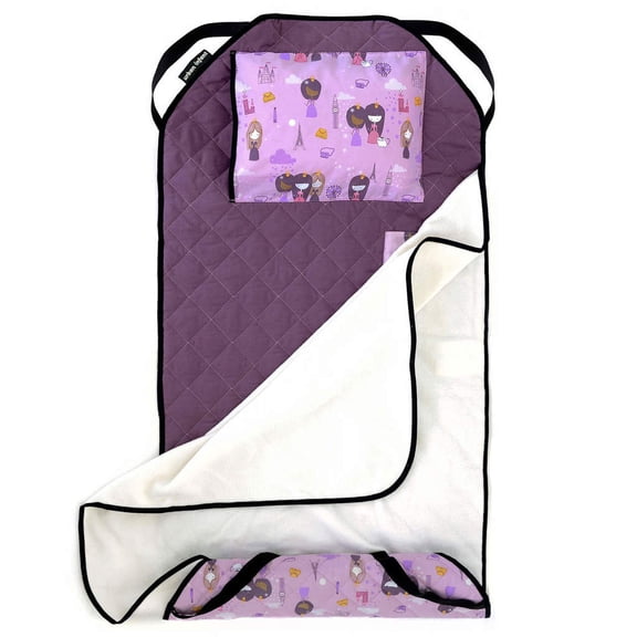 Urban Infant Tot Cot Kids Nap Mat - Toddler Preschool Daycare Modern All-in-One Bedding - Washable Blanket and Pillow – Boys and Girls - Elastic Straps - 52 x 22 Inches - Violet