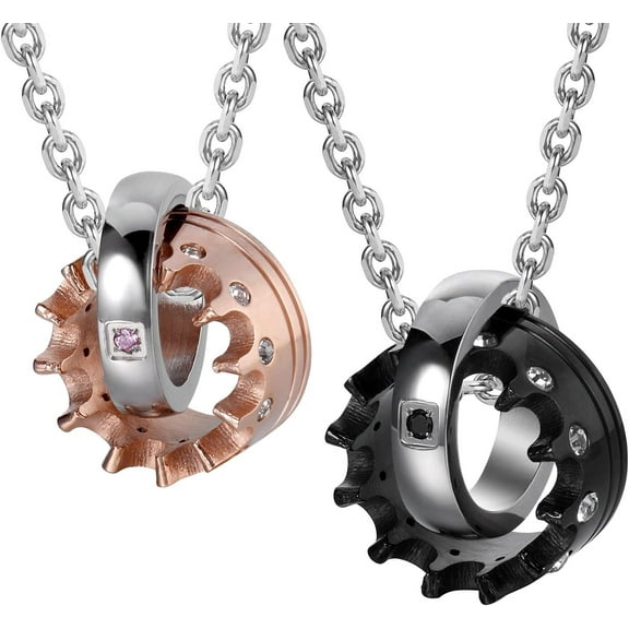 Urban Jewelry His & Hers Couples Engraved Double Ring Pendant Necklace