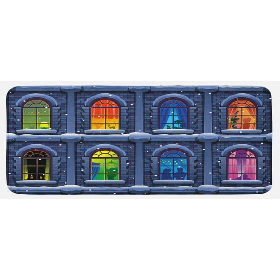 Urban Kitchen Mat, Building with Colorful Windows in the Snowy Winter Night Time Illustration Image, Plush Decorative Kitchen Mat with Non Slip Backing, 47" X 19", Multicolor, by Ambesonne
