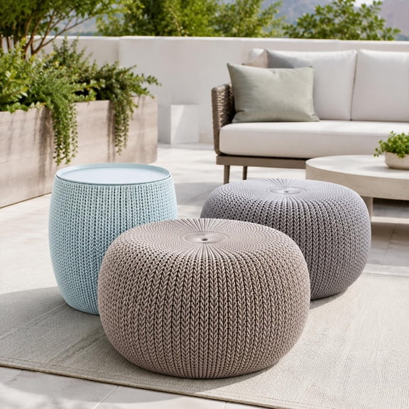 Urban Knit Pouf Ottoman Set of 2 with Storage Table for Patio and Room Décor - Perfect for Balcony, Deck, and Outdoor Seating, Misty Blue & Taupe