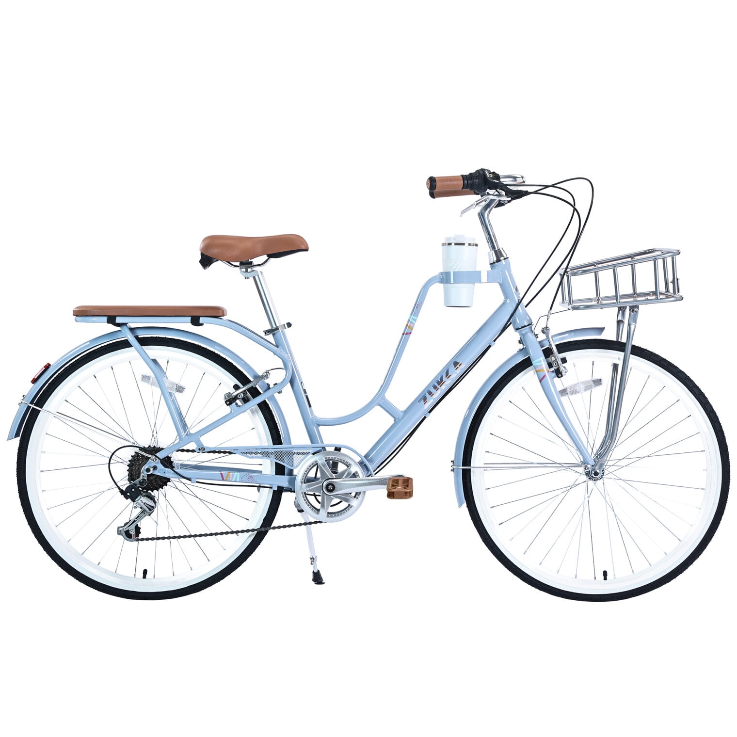 Urban Ladies Beach Cruiser Bicycle with Coffee Cup Holder and Steel Basket Around the Block Women Bike with 7 Speed Shifter and Derailleur 16 Inch Steel Frame for Adults White Walmart