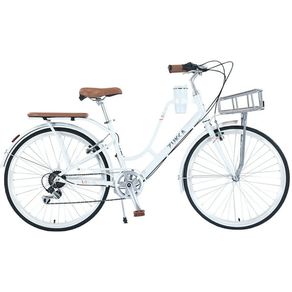 Urban Ladies Beach Cruiser Bicycle with Coffee Cup, Holder and Steel Basket, Around the Block Women Bike with 7-Speed Shifter and Derailleur, 16 Inch Steel Frame for Adults, White