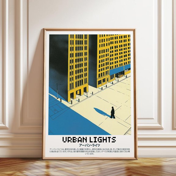 Urban Lights Retro Noir Cityscape Dramatic Night Street Scene Artwork, Unframed Canvas 8x10in