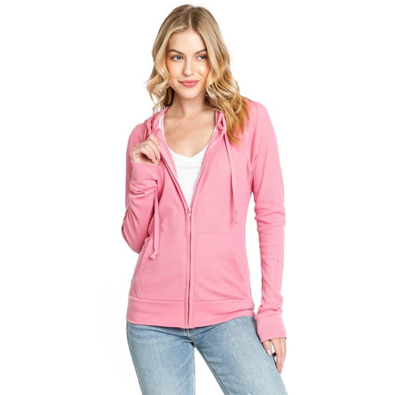 Urban Look Women's Casual Lightweight Thermal Zip Up Hoodies (Medium, Pink)