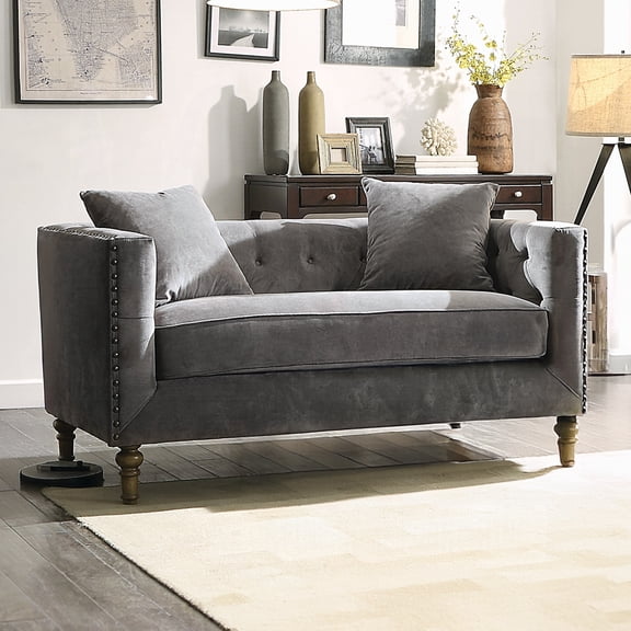 Urban Nest Gray Velvet Loveseat with Pillows - Button Tufted, Nailhead Trim, 50" Wide - Down Feather Fill - Living Room Sofa
