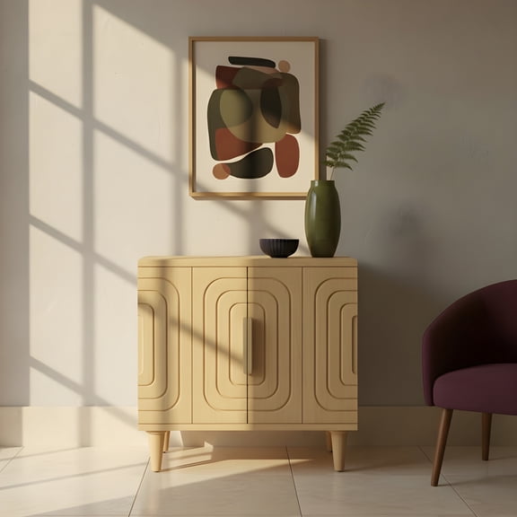 Urban Nest Natural Wood Cabinet - 2 Door, 1 Shelf, Solid Mahogany Legs, MDF & Veneer - 120lbs Capacity