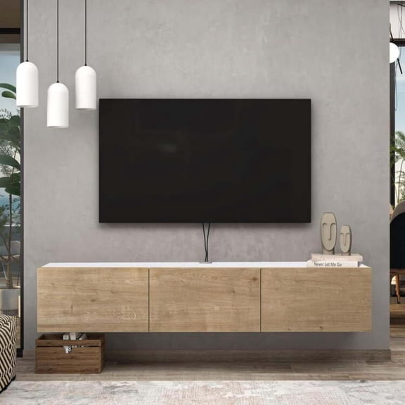 Maykoosh Urban Oasis 65 Inches Luxurious and Durable Floating TV Stand Wall Mounted Entertainment Center with Cable Management, Sturdy Floating Entertainment Center Sapphire Oak and White