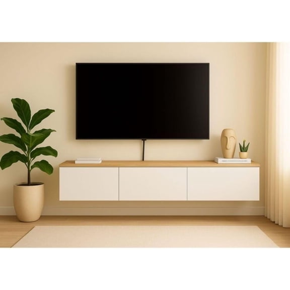 Urban Oasis 65 Inches Luxurious and Durable Floating TV Stand Wall Mounted Entertainment Center with Cable Management, Sturdy Floating Entertainment Center White and Sapphire Oak
