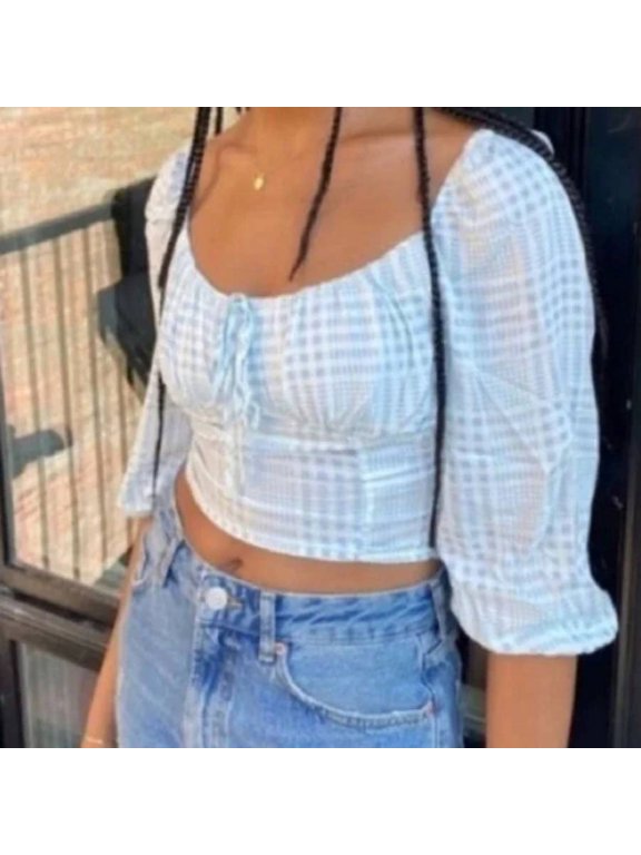 Gingham Cropped Blouse, Size L