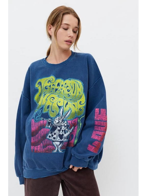 Women's Jefferson Airplane White Rabbit Slouchy Fit Crew Neck Sweatshirt (Small/Medium, Navy)