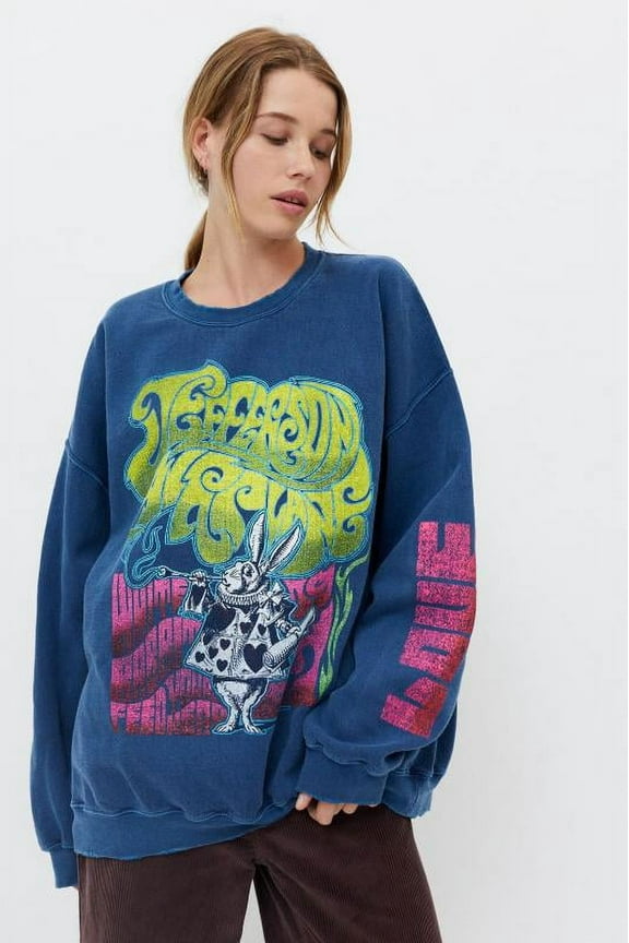 Women's Jefferson Airplane White Rabbit Slouchy Fit Crew Neck Sweatshirt (Small/Medium, Navy)