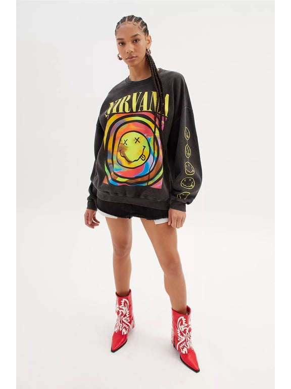 Women's Smile Overdyed Oversize Crew Neck Sweatshirt (Large/X-Large, Black Pigment Dye)