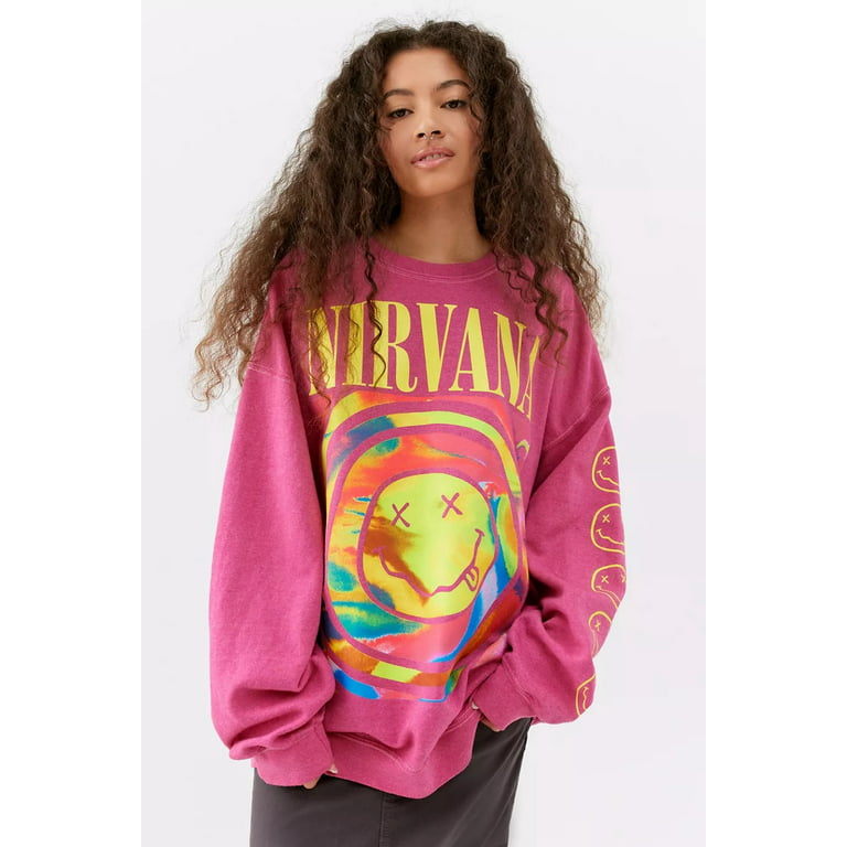 Urban Outfitters Women's X Nirvana Smiley Face Overdyed Crew Neck  Sweatshirt (Large/X-Large, Pink/Rose)