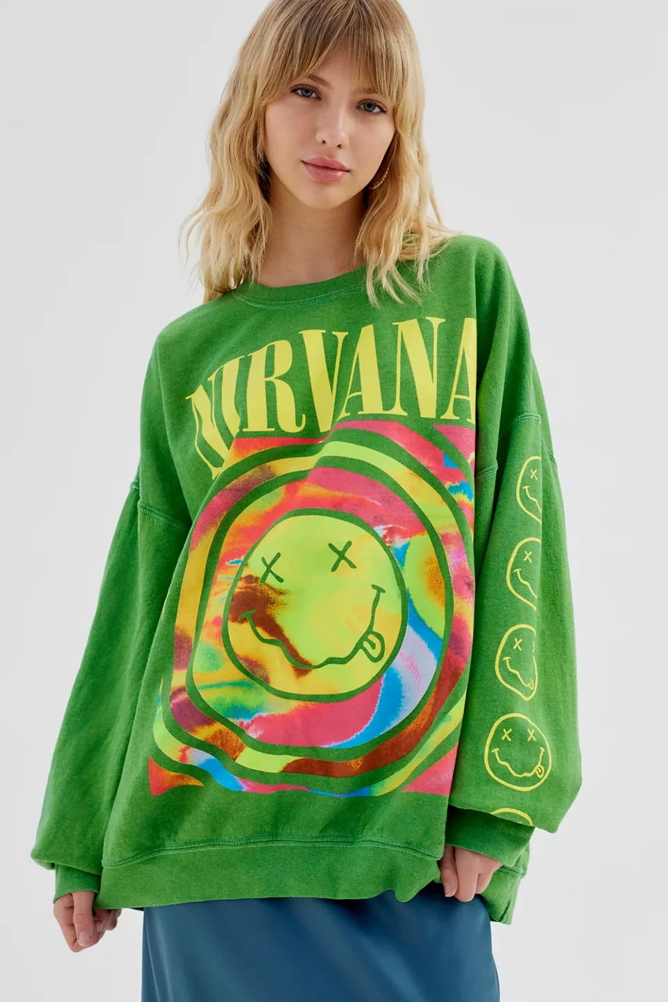 Urban Outfitters Women's X Nirvana Smiley Face Overdyed Crew Neck  Sweatshirt (Small/Medium, Green)