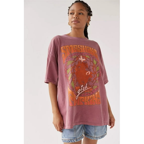 Urban Outfitters Women's X The Smashing Pumpkins Oversized Fit Tee T-Shirt Dress (Small/Medium, Burgundy Vintage Wash)