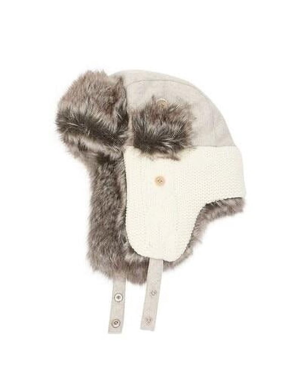 Wool & Faux Fur Knit Winter Trapper Aviator Hat - Grey / Cream