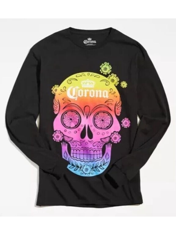 X Corona Gradient Skull Long Sleeve Tee T-Shirt (Medium, Black)