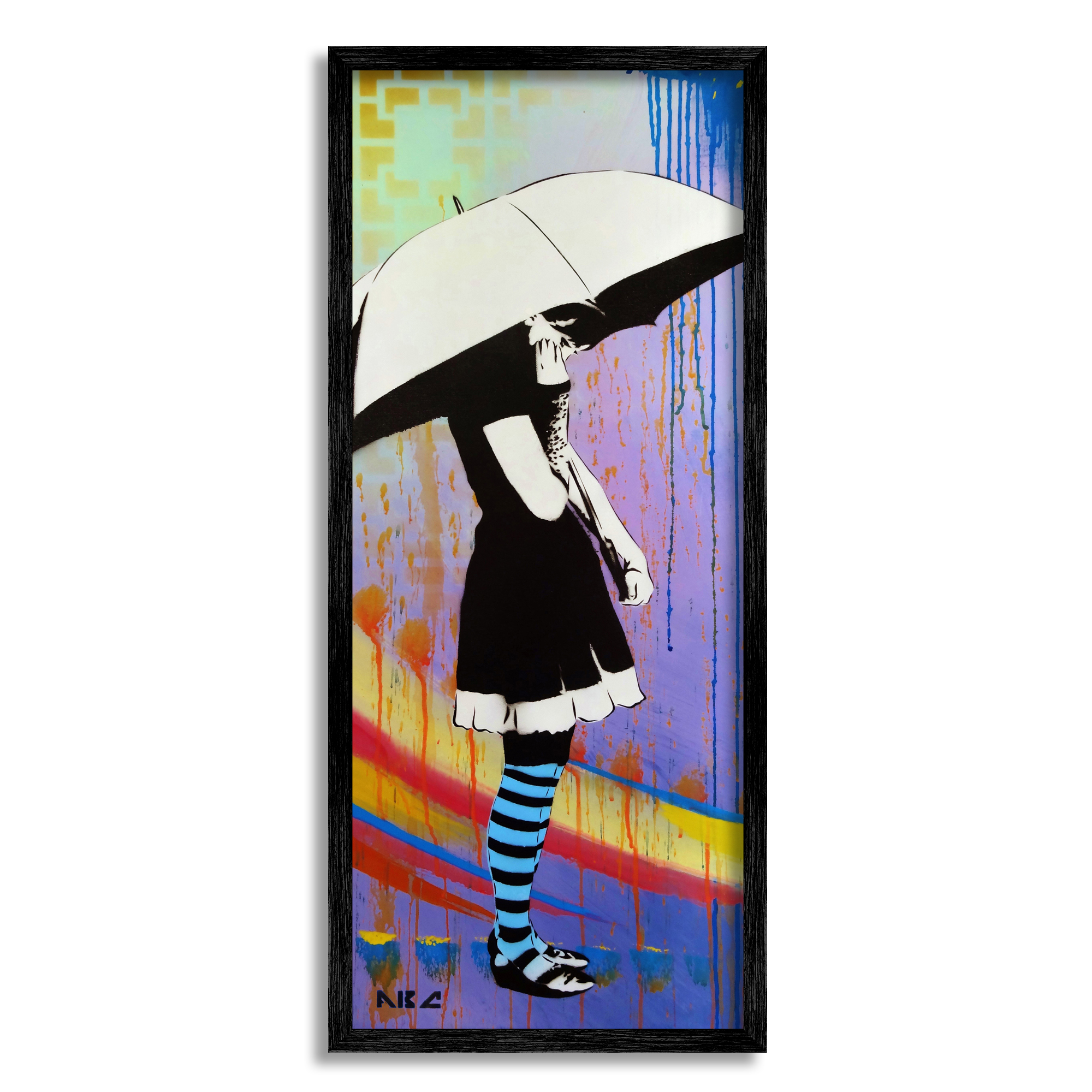 Urban Paint Drip Bold Patterned Girl & Umbrella Abstract Painting Framed Art Print Wall Art