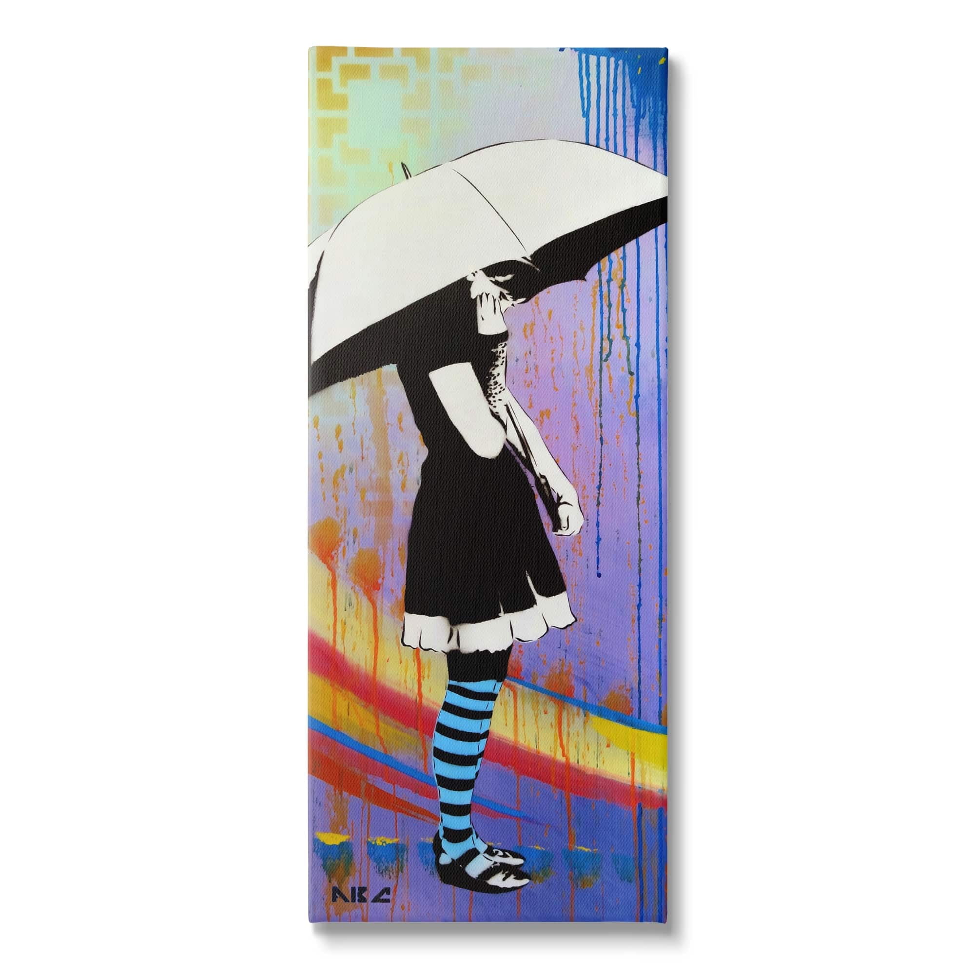 Urban Paint Drip Bold Patterned Girl & Umbrella Abstract Painting Gallery-Wrapped Canvas Print Wall Art