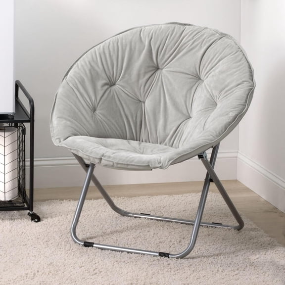 Urban Papasan Folding Moon Chair - Large Saucer UFO Chair with Collapsible Metal Frame - Fuzzy Foldable Dish Seat for Home Office, Living Room, Dorm Room, and Bedroom - Gray/Silver