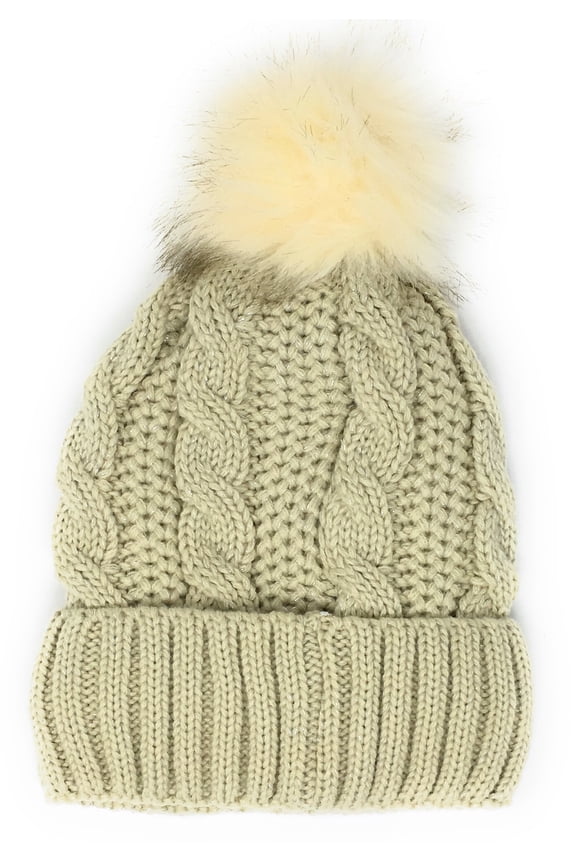 Cable Knit Metallic Beanie Winter Hat with Warm Fleece Lining & Pom Pom -Beige
