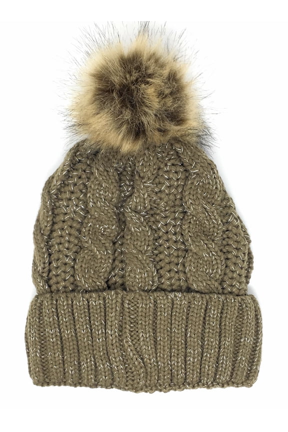 Cable Knit Metallic Beanie Winter Hat with Warm Fleece Lining & Pom Pom - Brown