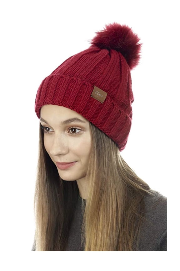 Cloie Soft Cable Knit Beanie Winter Hat with Warm Fleece Lining & Pom Pom - Red