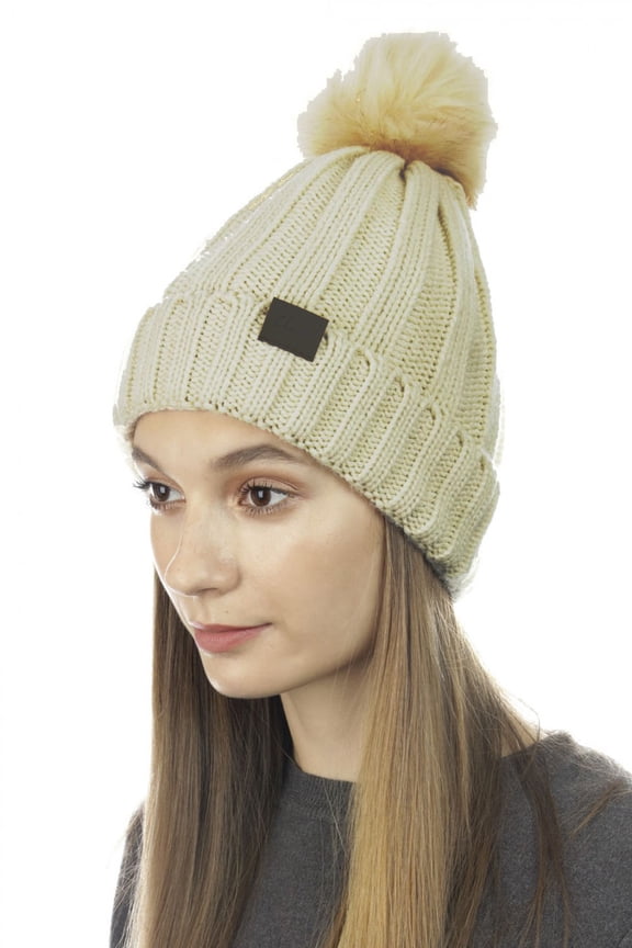 Cloie Soft Stretch Cable Knit Beanie Winter Hat with Pom Pom - Beige