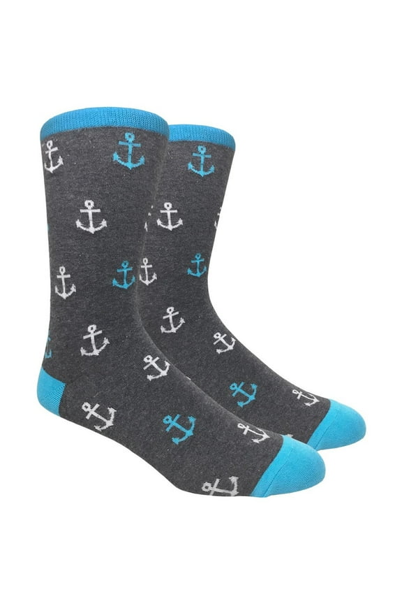 Men's Argyle Dress & Groomsmen Socks - Anchor - Grey with Blue