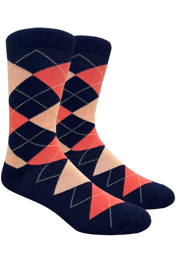 Men's Argyle Dress Groomsmen Socks - Argyle - Navy, Bellini Peach & Coral, 1 Pair