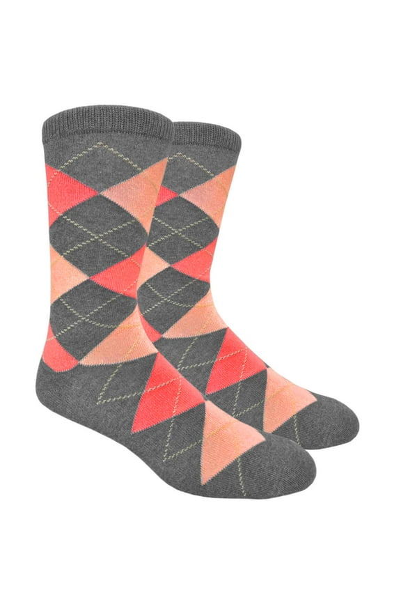 Men's Argyle Dress Groomsmen Socks - Charcoal Grey, Bellini Peach & Coral - 1 Pair