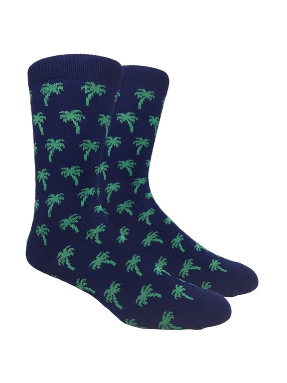 Men's Dress & Groomsmen Socks - Navy Blue with Green Palm Trees - 1 Pair