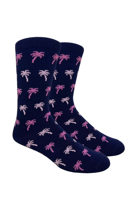 Men's Dress & Groomsmen Socks - Navy Blue with Pink Palm Trees - 1 Pair