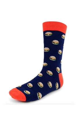 Men's Novelty Fun Crew Socks - Hamburgers - Navy with Red, 1 Pair