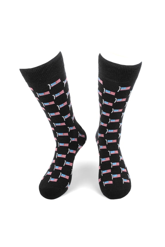 Men's Novelty Fun Crew Socks for Dress or Casual - American Flags - Black