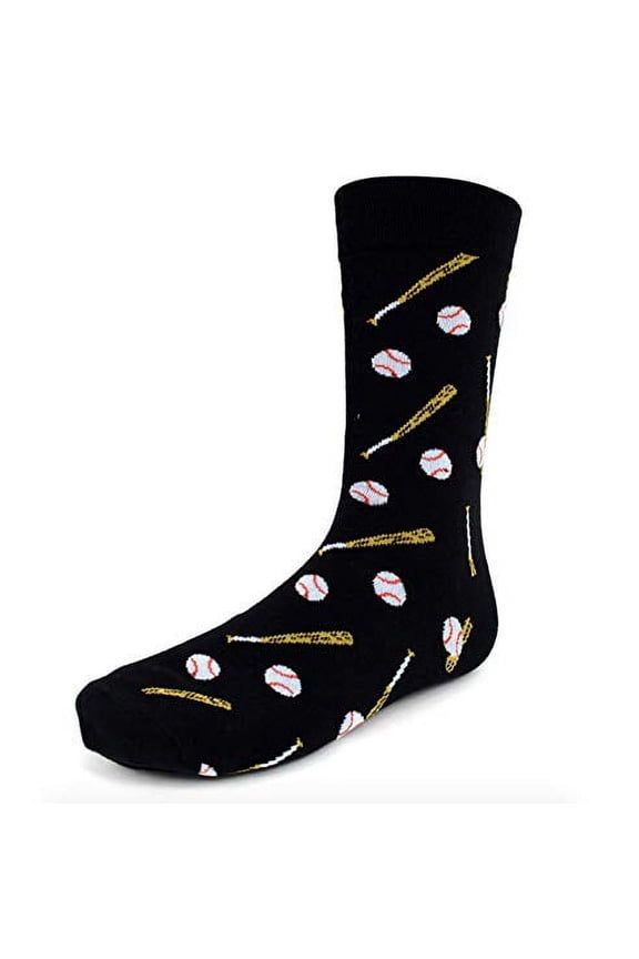 Men's Novelty Fun Crew Socks for Dress or Casual - Baseball Bats & Balls in Black
